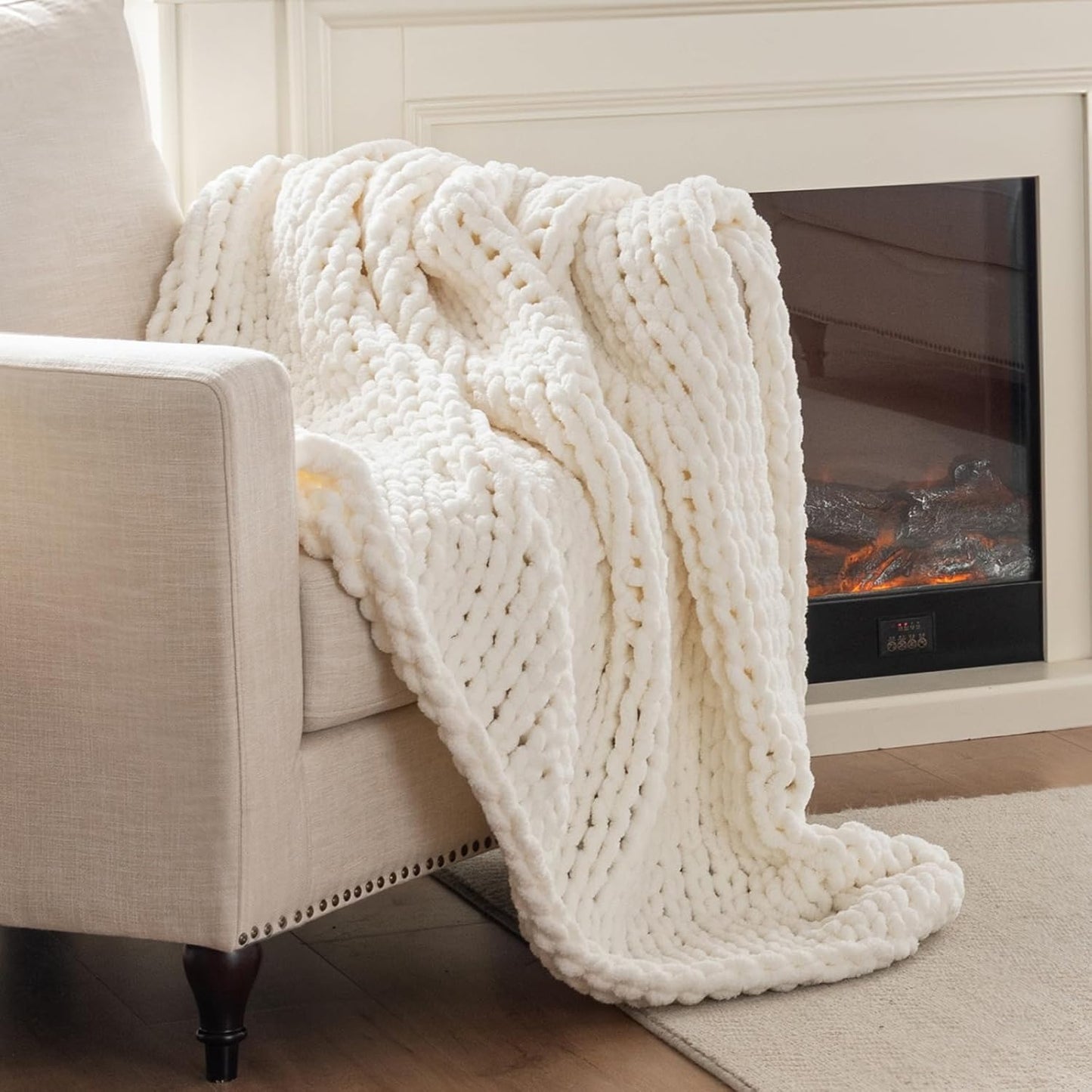 Chunky Knit Blanket Throw, 100% Hand Knit Throw Blanket Handmade Chenille Cable Knit Throw for Couch, Stylish Cozy Soft Rope Knot Crochet Blanket for Home Decor, Ivory, 60x80 Inches