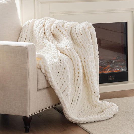 Chunky Knit Blanket Throw, 100% Hand Knit Throw Blanket Handmade Chenille Cable Knit Throw for Couch, Stylish Cozy Soft Rope Knot Crochet Blanket for Home Decor, Ivory, 60x80 Inches