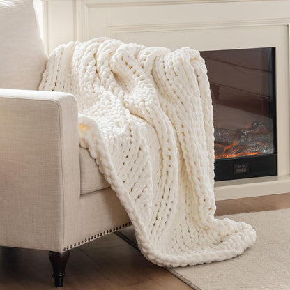 Chunky Knit Blanket Throw, 100% Hand Knit Throw Blanket Handmade Chenille Cable Knit Throw for Couch, Stylish Cozy Soft Rope Knot Crochet Blanket for Home Decor, Ivory, 40x50 Inches