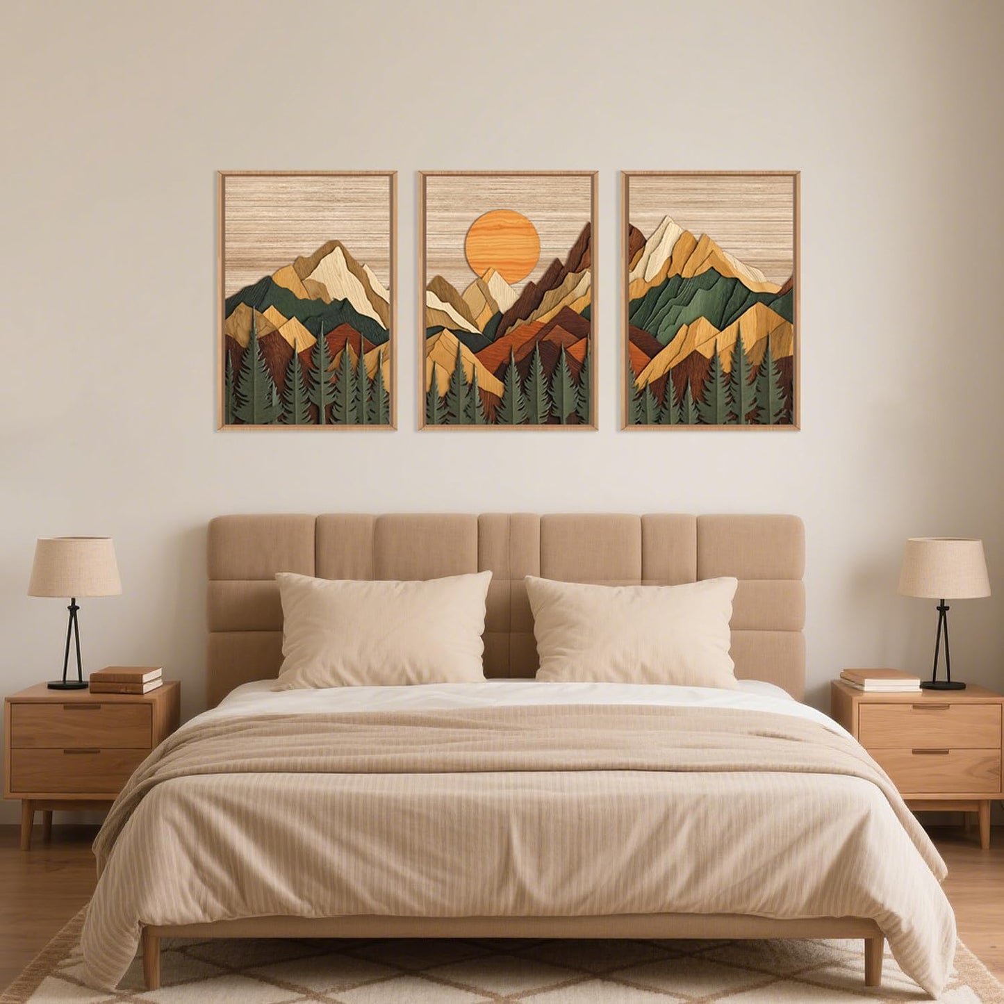 Celestdeco Woodcut Style Mountain Framed Canvas Wall Art Set, Large Brown Ridge Wall Decor, Boho Pine Tree Wall Painting, Abstract Wooden Art Print for Living Room, Bedroom, Office - 24"X36"X3(Not-3D Effect)