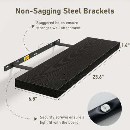 Fun Memories Black Floating Shelves Wall Shelf 24 Inch Long, Rustic Bathroom Shelves, Wall Mounted Wood Floating Shelf for Kitchen, Living Room, Bedroom, 24 x 6.7 x 1.4 inch Set of 3