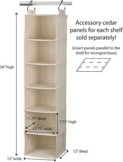 Household Essentials Cedarline 6-Shelf Hanging Closet Organizer, Heavy-Duty Cotton Canvas, Breathable, Versatile, Compact, Perfect for Rod or Wire Closets, Natural