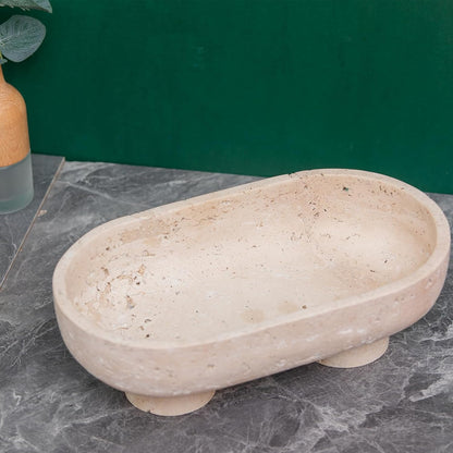 Natural Oval Travertine Fruit Bowl 10" – Large Decorative Bowl & Travertine Decor Pedestal for Kitchen Counter & Dining Table ,For Entryway, Kitchen Fruit Bowl, Potpourri, Dining Table Centerpiece.