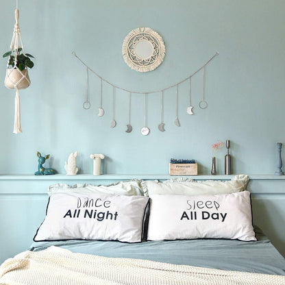 Mkono Moon Phase Wall Hanging Boho Aesthetic Room Decor Metal Moons Garland Hanging Art Bohemian Home Decoration for Girls Room Nursery Bedroom Livingroom Dorm, Ideal, Silver, 50"