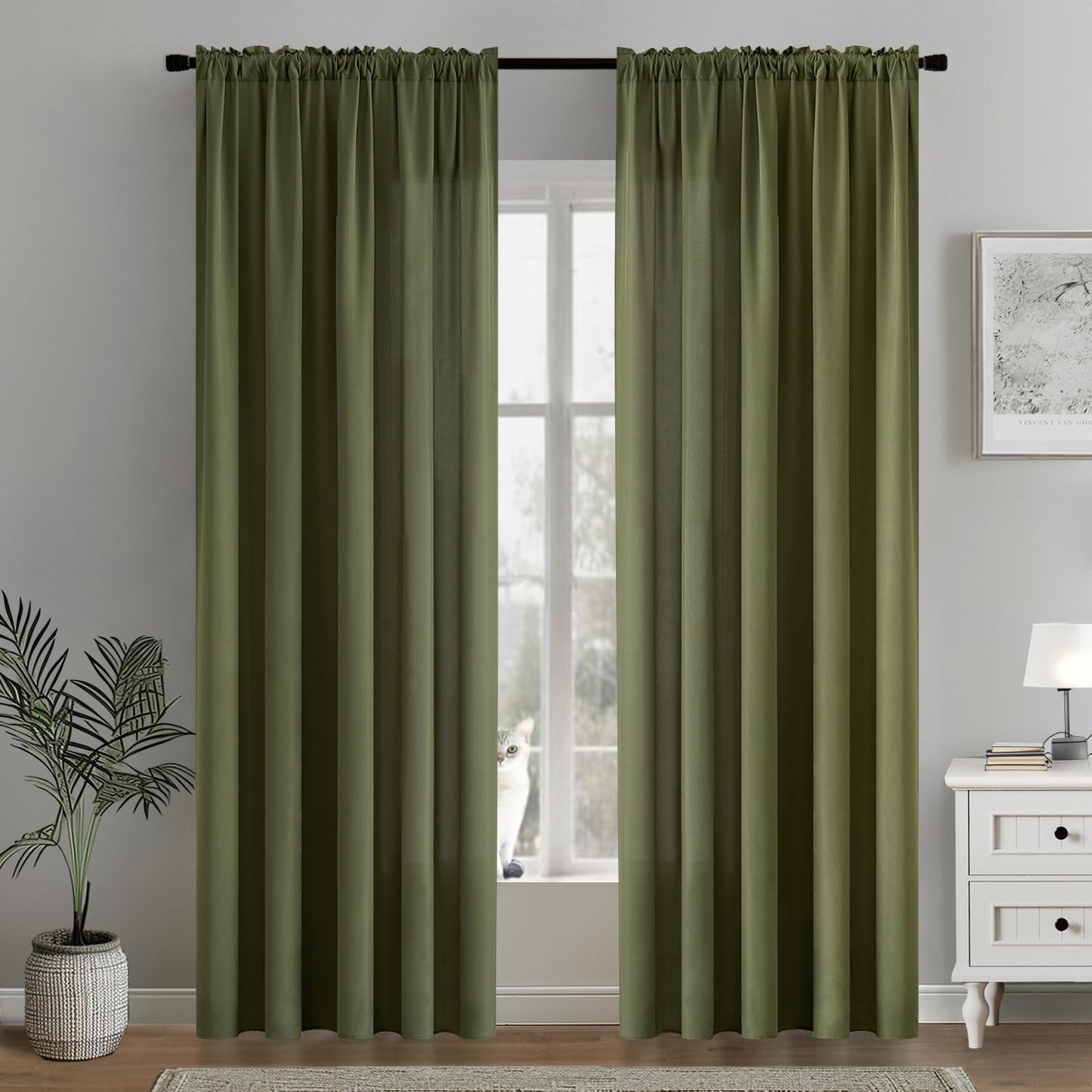 MIULEE Olive Green Privacy Sheer Curtains That Let Light in 90 Inches Long Non-See-Through Semi Sheer Curtain Light Filtering Window Curtains Drapes for Living Room Bedroom 2 Panels Set 42 X 90