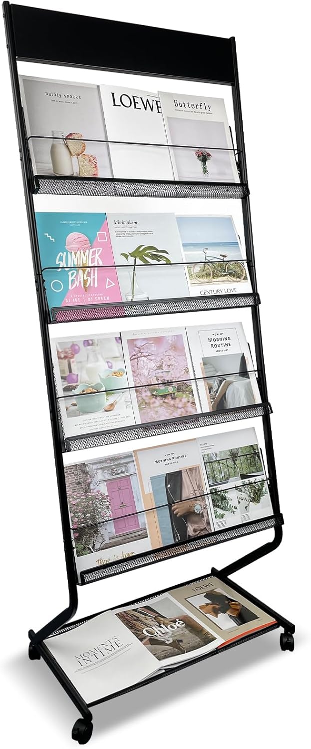 Tongmo Floor-Standing Magazine Rack 4-Layer with Wheels, Brochure Display Stand, High-hardness metal for Office,Exhibitions, and Any Organization Requiring Information Display (black)
