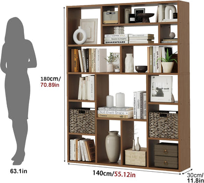 6-Tier Large Open Bookcase 71” Tall Sturdy Wooden Bookshelf with Baskets,Modern Style 16-Cube Home Display Shelf for Bedroom, Living Room（Oak Color）