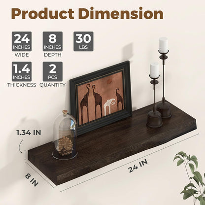 Axeman 24 inch Floating Shelves for Wall - 8'' D Live Edge Rustic Solid Elm Wood Floating Shelves Wall Mounted, Wall Shelves with Invisible Bracket for Living Room Bedroom Kitchen, Set of 2 Walnut