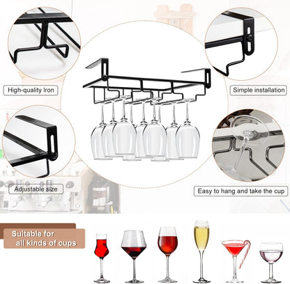 AUHOKY 2Pcs Adjustable Wine Glass Rack Under Cabinet, Punch-Free 3 Rows Stemware Metal Holder, Hanging Glass Storage Hanger Organizer for Shelf Kitchen Bar Decor (3 Rows, Black)
