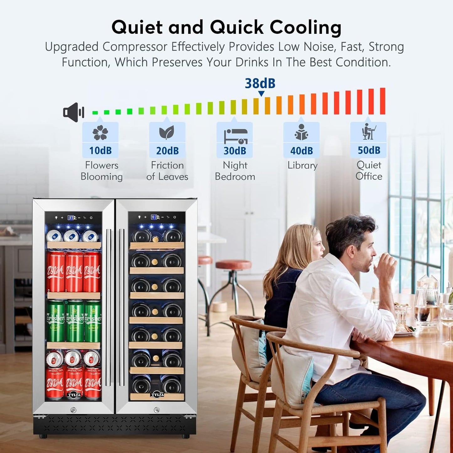Tylza Upgraded Wine and Beverage Refrigerator 24 Inch, Dual Zone Wine Beverage Cooler with French Door, Under Counter Wine Beer Fridge Built-In or Freestanding, Holds 20 Bottles and 88 Cans, Low Noise