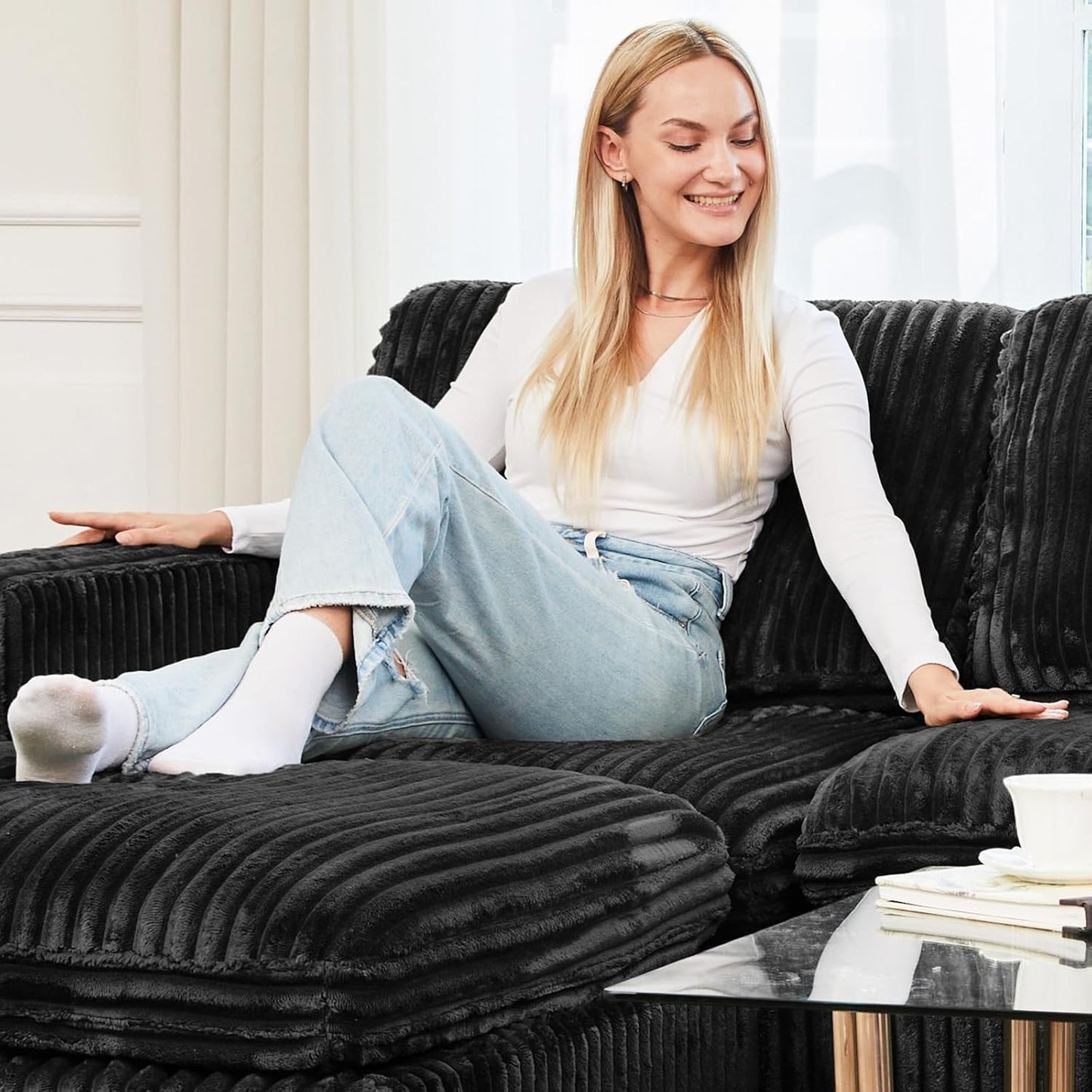 Belffin Modular Sectional Sofa with Sleeper Sofa, Oversized Cloud Couch with Extra Deep Seat, Upholstered 6 Seat Sectional Couches for Living Room, Plush Corduroy Black