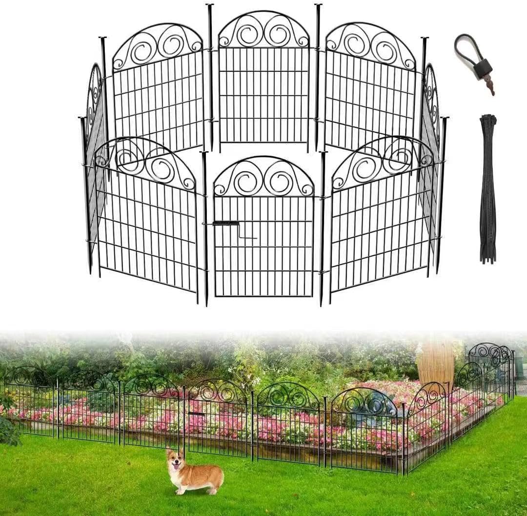 Tall Garden Fence Animal Barrier with Gate, 32 in(H) 8 Panels Garden Fences and Borders for Dogs, Dog Fence Outdoor for Yard, Total Length 17.5 Ft Metal Temporary Fencing│Patented