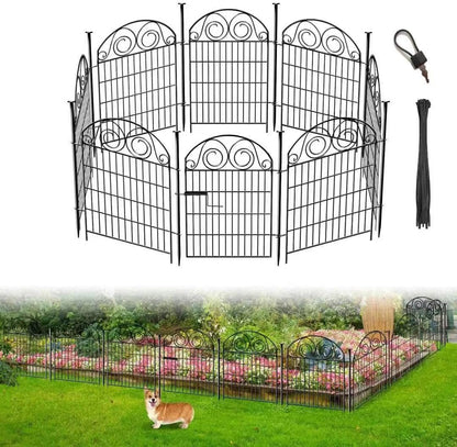 Tall Garden Fence Animal Barrier with Gate, 32 in(H) 8 Panels Garden Fences and Borders for Dogs, Dog Fence Outdoor for Yard, Total Length 17.5 Ft Metal Temporary Fencing│Patented
