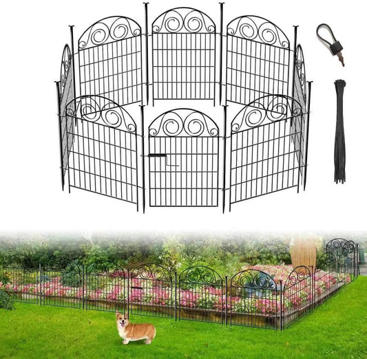 Tall Garden Fence Animal Barrier with Gate, 40 in(H) 8 Panels Garden Fences and Borders for Dogs, Dog Fence Outdoor for Yard, Total Length 17.5 Ft Metal Temporary Fencing│Patented