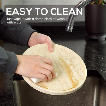 BCS Natural Travertine Tray, 9.8" Round Decorative Marble Vanity Tray for Bathroom Countertop, Kitchen Counter, Coffee Table, or Catchall, Stone Organizer for Jewelry, Perfume, Candles, Home Decor