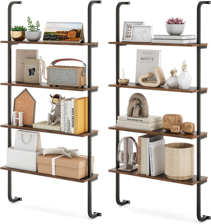 Giantex 4-Tier Industrial Bookshelf Set of 2, Wall Mounted Pipe Shelving Unit, Floating Shelves with Metal Frame, Hanging Wall Display Shelf, Wood Ladder Bookshelf for Living Room,Kitchen,Rustic Brown