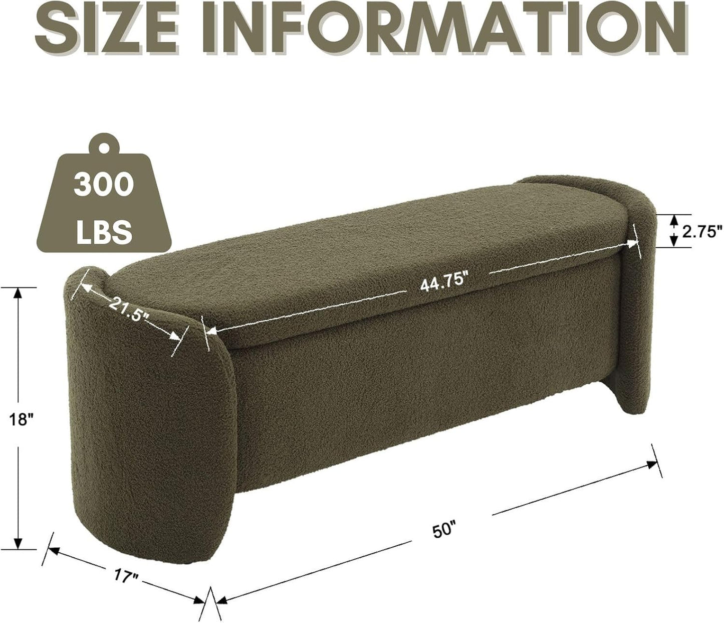 ROCTY Green Boucle Storage Bench - 50" Sherpa End of Bed Ottoman with Seating and Storage for Bedroom, Entryway, Living Room, Vanity or Makeup Room - Teddy Fabric