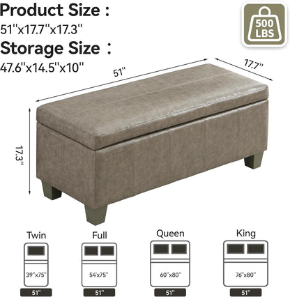 51" Faux Leather Storage Ottoman, Stitch Tufted Rectangle Upholstered End of Bed Storage Bench, Entryway Large Couch Ottoman with Wooden Legs,Grey