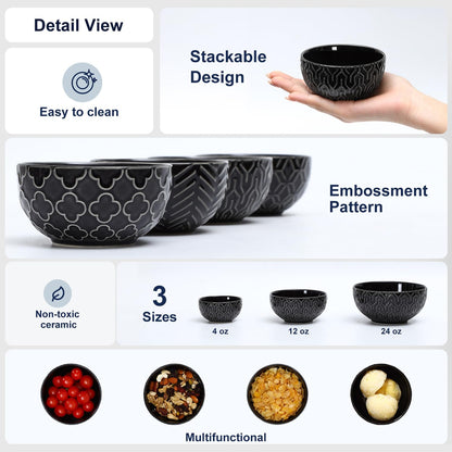 Sureasy Ceramic Cereal Bowls Set of 4, 5.9 Inch Deep Soup Bowls for Kitchen, 25 oz Embossed Stoneware Bowls for Pasta, Salad, Oatmeal, Noodle, Ramen, Microwave Dishwasher Safe, Set of 4, Black