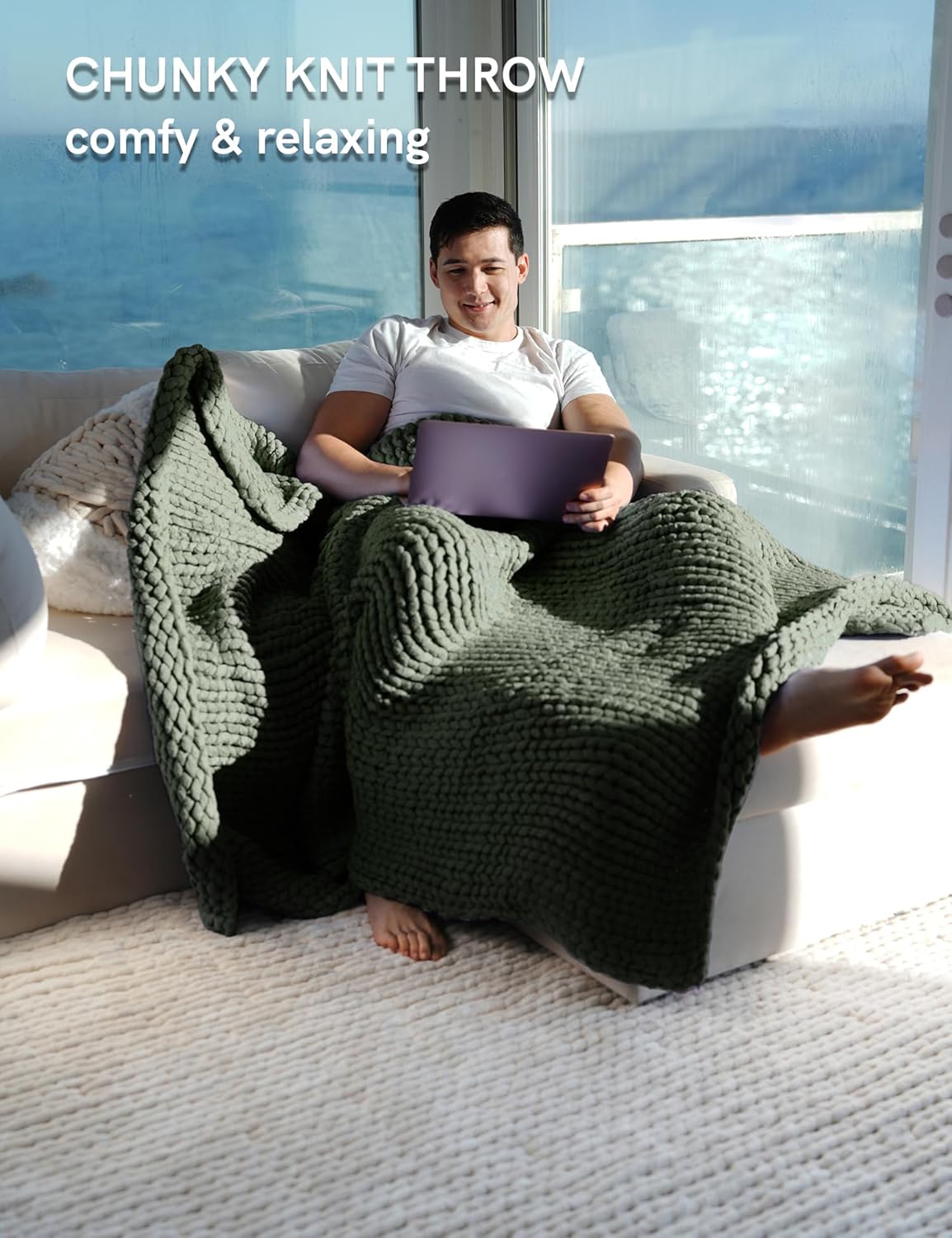 YnM Chunky Throw Blanket, Medium-Weight, Hand Knitted, Skin Friendly, Ventilated and Breathable, Machine Washable, Home Décor Piece for Couch, Sofa and Bed (Olive, 50x70 Inch)