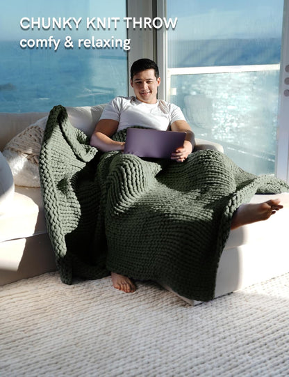 YnM Chunky Throw Blanket, Medium-Weight, Hand Knitted, Skin Friendly, Ventilated and Breathable, Machine Washable, Home Décor Piece for Couch, Sofa and Bed (Olive, 60x80 Inch)
