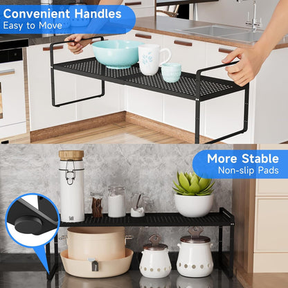 Expandable Cabinet Shelf Organizers, Kitchen Small Stand Rack Organization for Tabletop Countertop Cupborad Pantry, Black 2 Pack