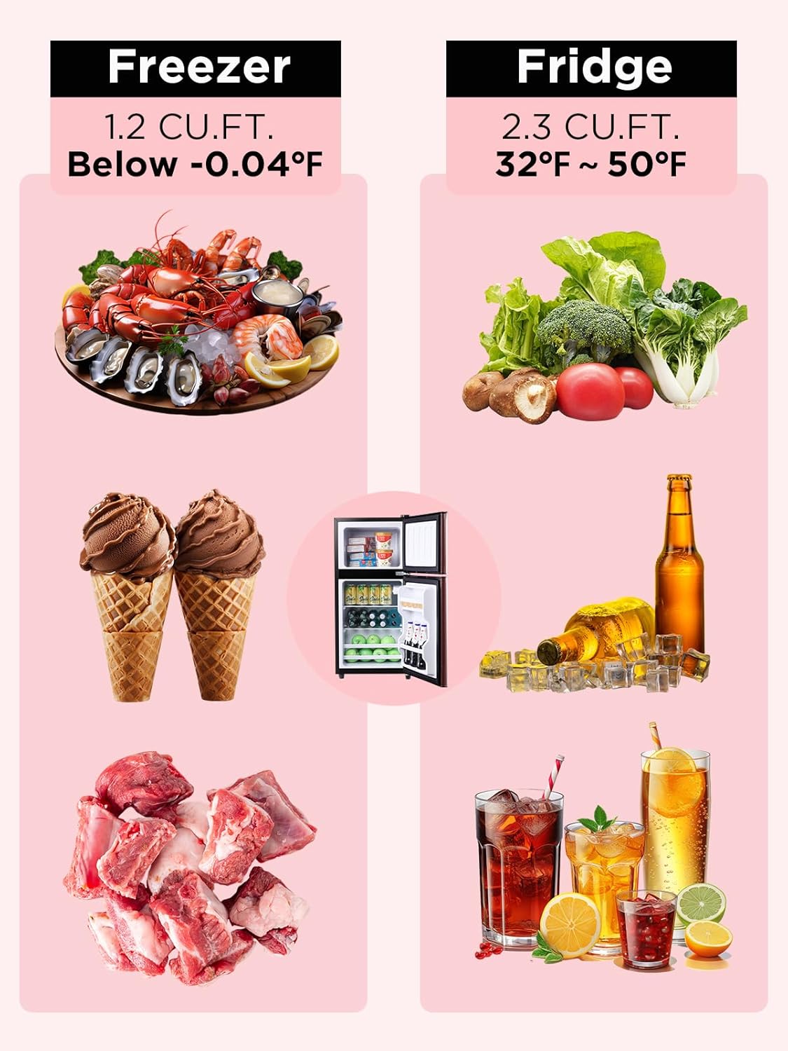 3.5 Cu.Ft Mini Fridge with Freezer, Compact Refrigerator with 2 Doors for Office, Kitchen, Dorm and Bedroom, Small Fridge with 7 Level Temp Adjustable Thermostat, Wood