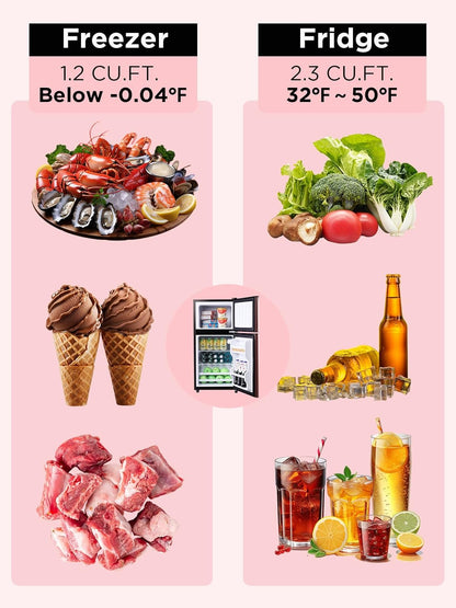 3.5 Cu.Ft Mini Fridge with Freezer, Compact Refrigerator with 2 Doors for Office, Kitchen, Dorm and Bedroom, Small Fridge with 7 Level Temp Adjustable Thermostat, Wood