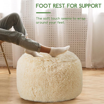 HIGOGOGO Round Stuffed Pouf Ottoman, Long Faux Fur Poufs with Foam Chunk Filling, Fluffy and Furry Pouf Foot Stool Storage Ottoman, 26 X 18 Floor Poufs Foot Rest for Living Room, White