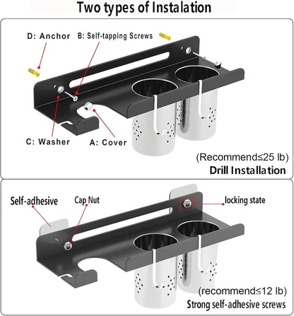 junyuan Hair Tool Organizer Wall Mount,Self Adhesive Hair Dryer Holder for Bedroom & Bathroom,Blow Dryer Holder for Dyson Hair Dryer,Stainless Steel Cups for Medium or Small Bathroom Storage 4" Width