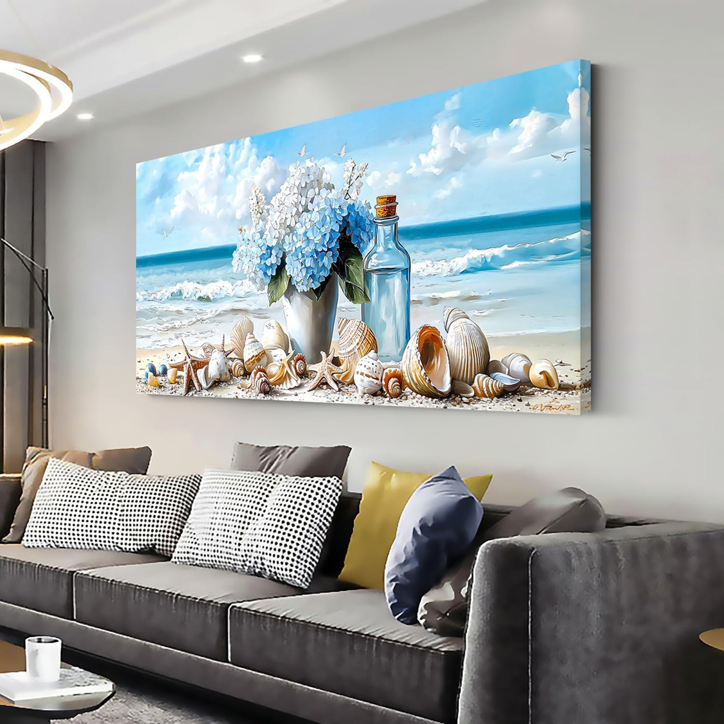 LASMOND Romantic Beach Wall Art for Living Room Blue Shells Conch Vase Canvas Prints Modern Large Flower Bottle Bedroom Ocean Artwork Decor (30x16 Inches)