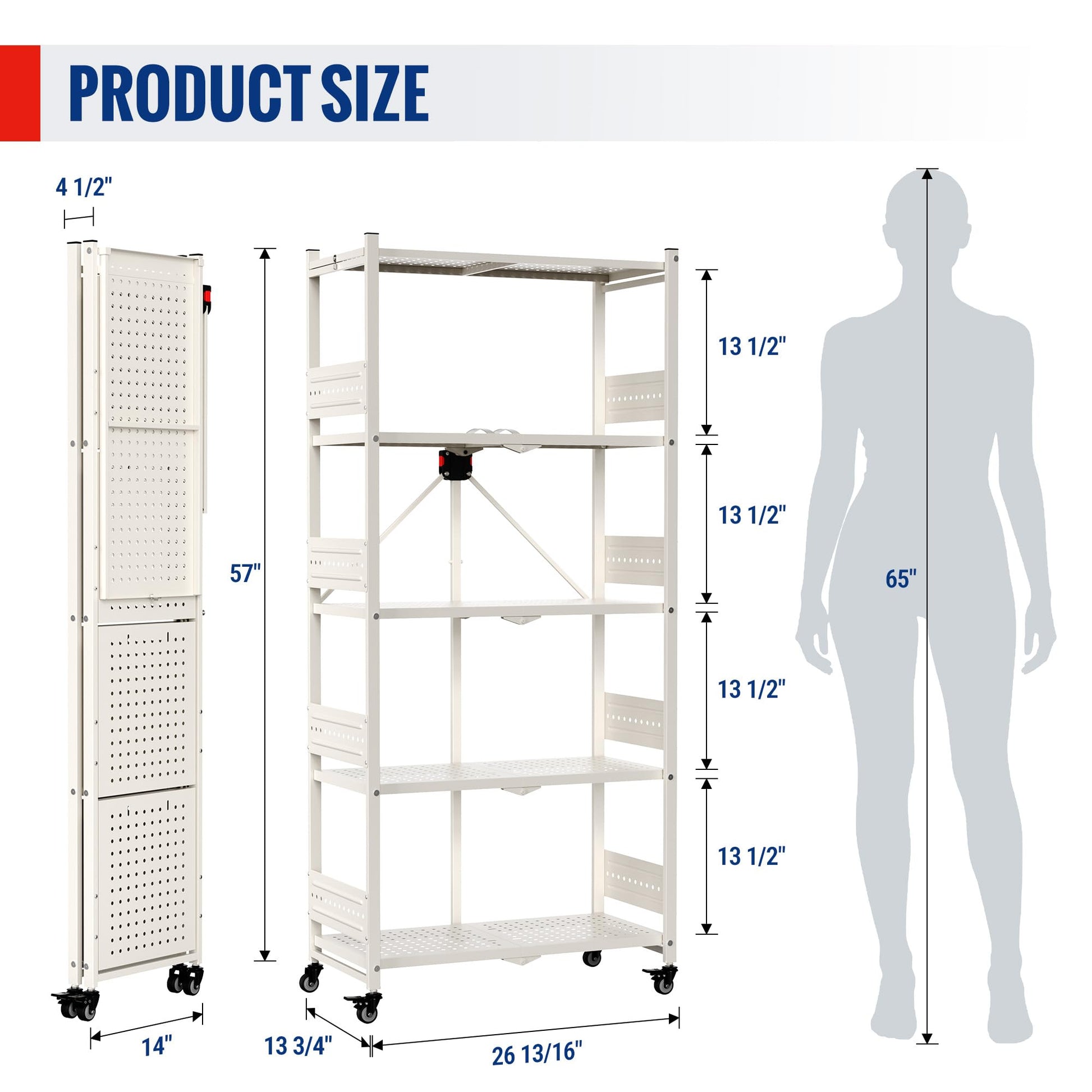 WORKPRO 5-Tier Folding Shelf, No-Assembly Metal Storage Rack with Wheels, 750 lbs Capacity (with