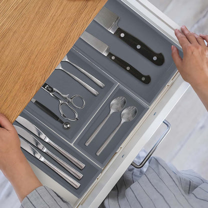 Bamboo Drawer Organizer - Kitchen Utensil Organizer Silverware Tray Cutlery Holder，Office Desk Supplies and Accessories,15 * 5.9 * 2.6,Grey