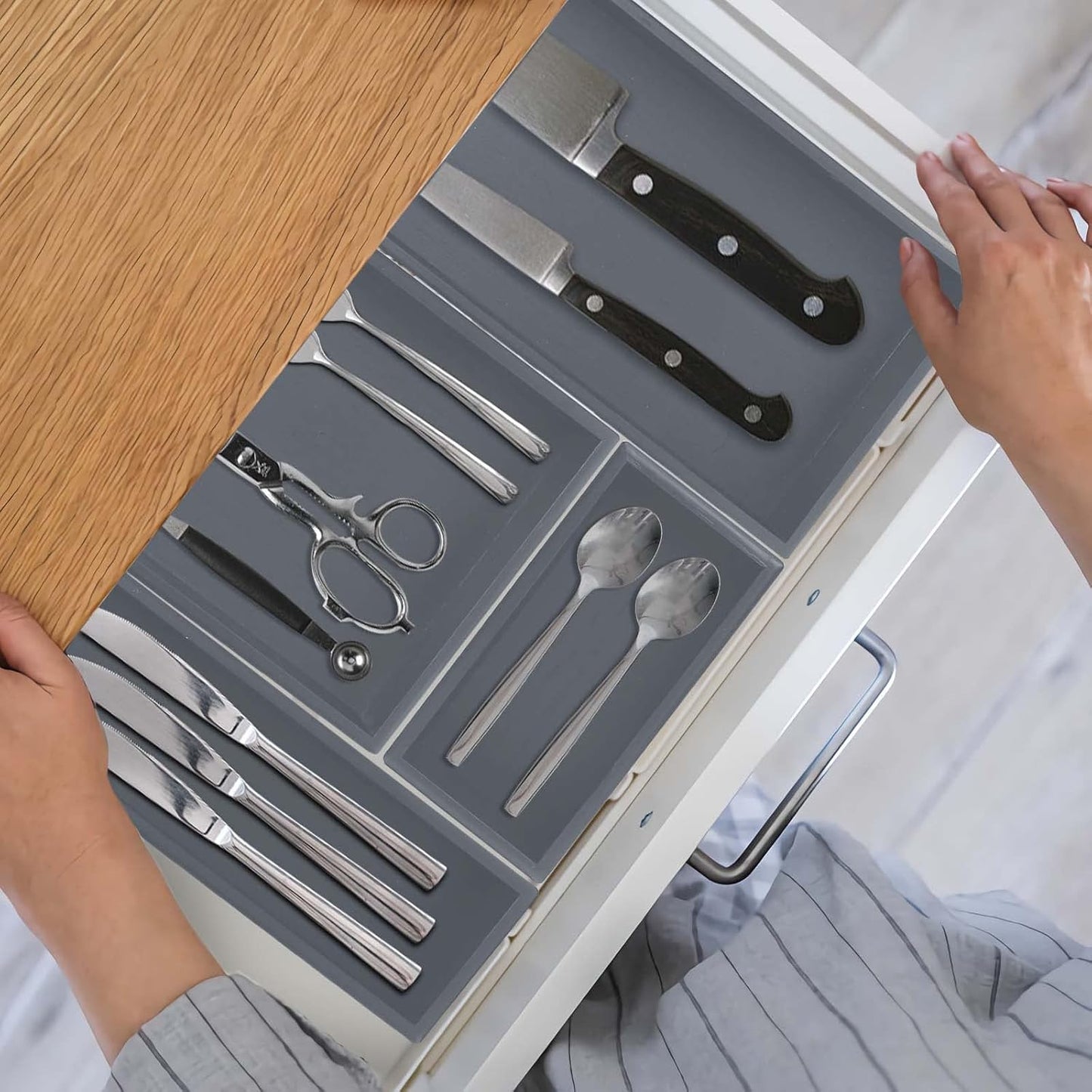 Bamboo Drawer Organizer - Kitchen Utensil Organizer Silverware Tray Cutlery Holder，Office Desk Supplies and Accessories,8.9 * 3 * 2.6,Grey