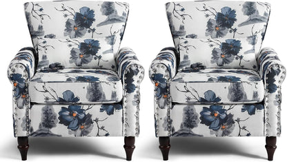 Wingback Accent Chair with Removable Pillow, High Back Floral Armchair with Solid Wood Legs & Nailhead Trim, Comfy Upholstered Reading Single Sofa Chair for Bedroom (2, Ink Blue Pattern)