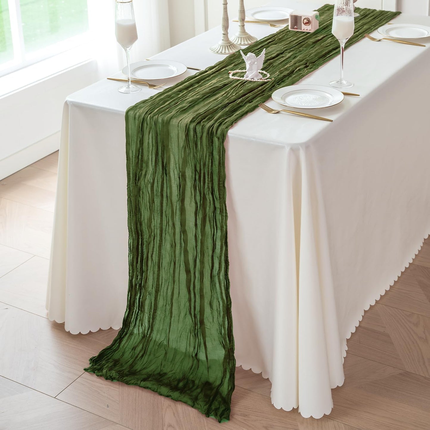 Sioloc 5 Pack Moss Green Cheesecloth Table Runner Fall Autumn Decor for Home 10ft Table Cloth for Tea Wedding Birthday Party Baby Bridal Shower Halloween Thanksgiving