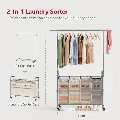 Tajsoon Laundry Hamper with Hanging Rack, Laundry Sorter 4 Sections, 4 Basket Butler with Lockable Wheels and Removable Bag, Rolling Laundry Cart for Bedroom, Beige