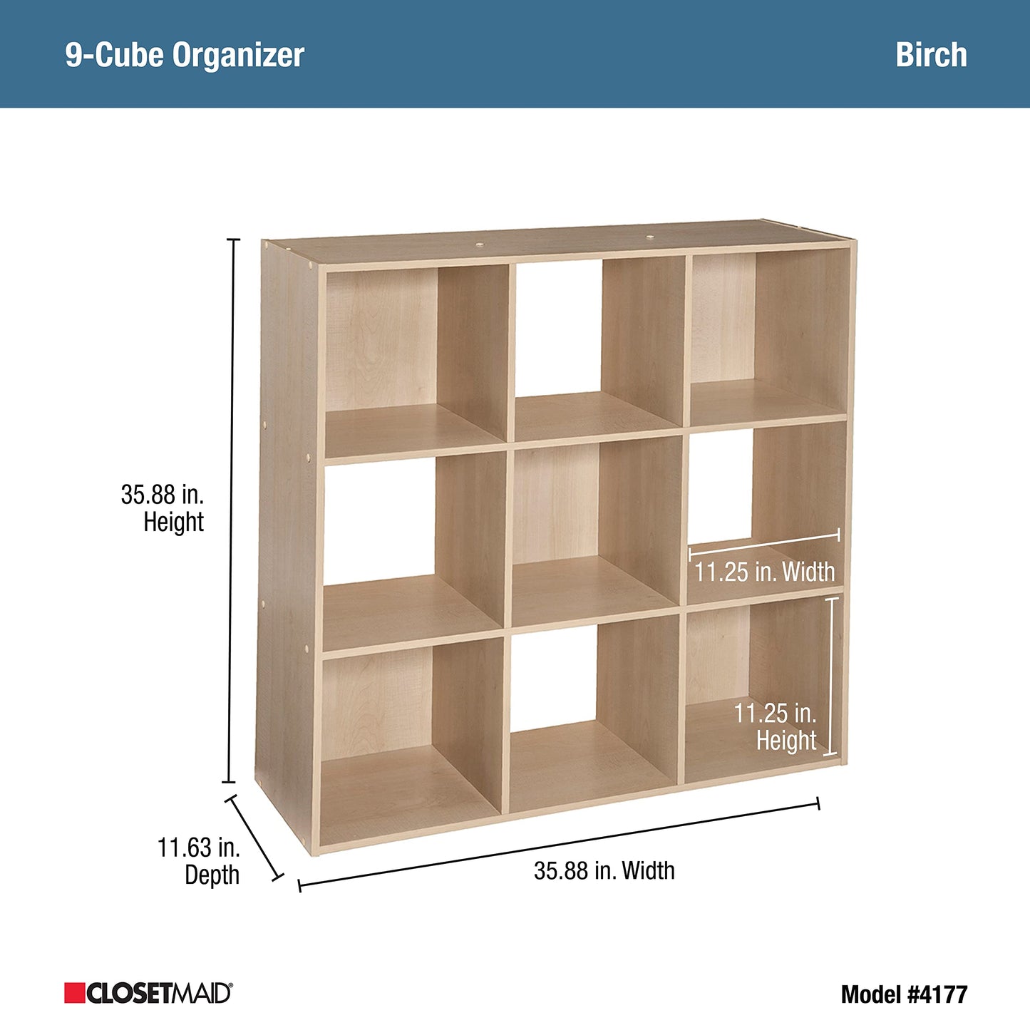 ClosetMaid Cubeicals 9 Cube Storage Shelf Organizer Bookshelf, Square Shape, Easy Assembly - Birch