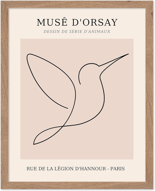 Poster Master Vintage Poster - Retro One Line Hummingbird Drawing Print - Bird Line Art - Minimal Gift for Him, Her, Animal Lover - Abstract Decor for Home, Office, 8x10 Beige Framed