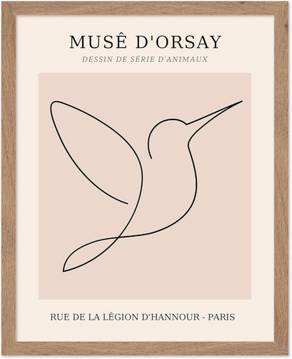 Poster Master Vintage Poster - Retro One Line Hummingbird Drawing Print - Bird Line Art - Minimal Gift for Him, Her, Animal Lover - Abstract Decor for Home, Office, 16x20 Beige Framed