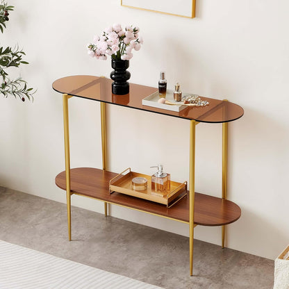 Oval Glass Console Table for Living Room, Foyer & Entrance, 2-Tiers Mid-Century Modern Sofa Table with Amber Glass Top, Walnut Finish Wood Top and Gold Finish Metal Frame