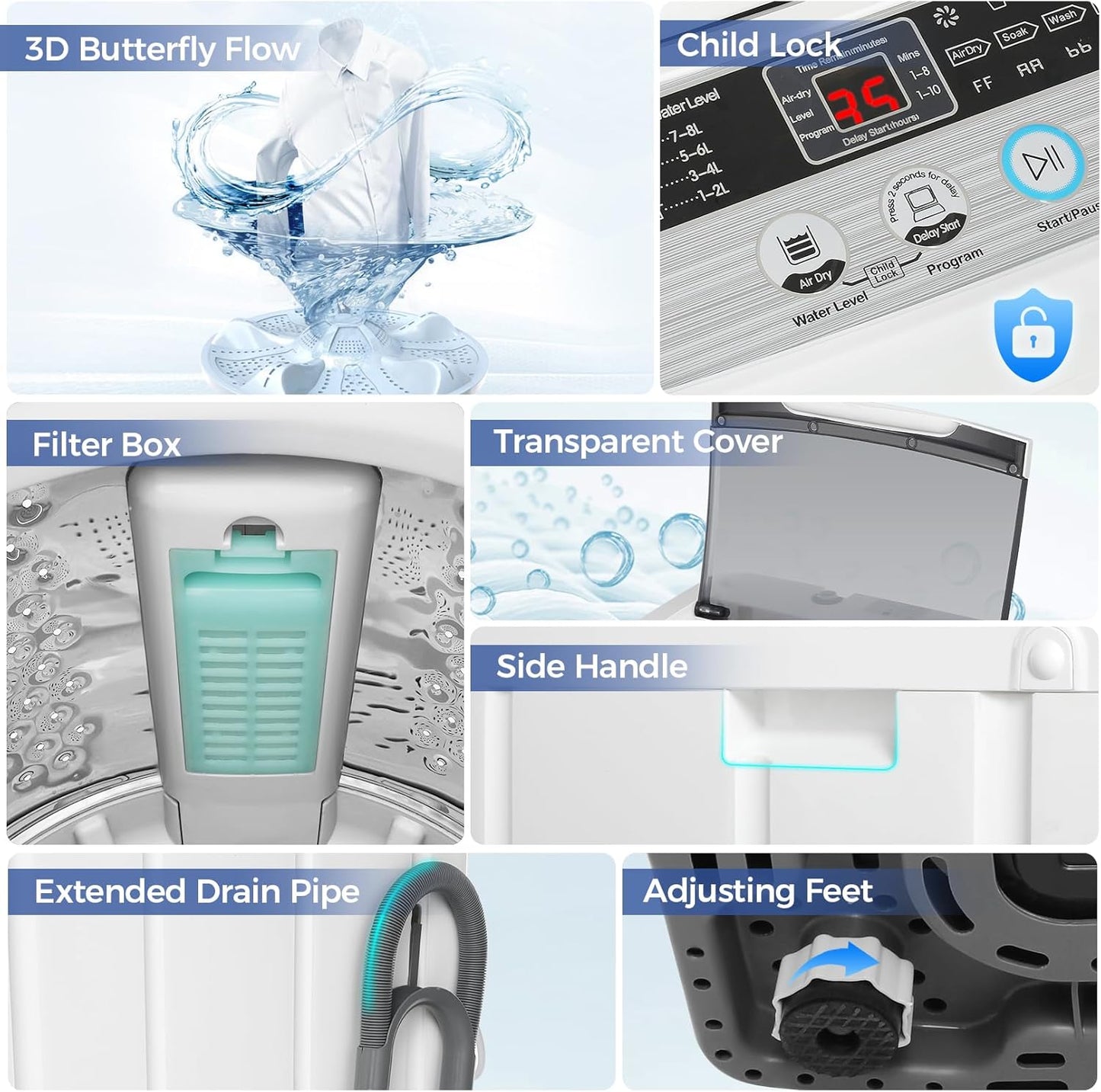 Nictemaw Portable Washing Machine, 20Lbs Capacity Full-Automatic Portable Washer Machine, 2.8Cu.ft Washer and Dryer Combo with 10 Programs 8 Water Levels for Apartment, Dorms, RV