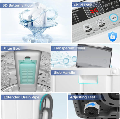 Nictemaw Portable Washing Machine, 20Lbs Capacity Full-Automatic Portable Washer Machine, 2.8Cu.ft Washer and Dryer Combo with 10 Programs 8 Water Levels for Apartment, Dorms, RV