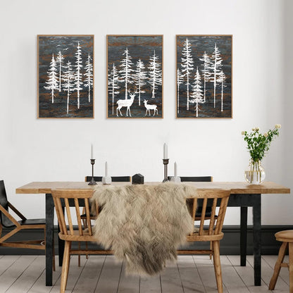 Modern White Forest Framed Canvas Wall Art Set, Minimalist Woodland Art Painting, Retro Tree Landscape Wall Decor, Wildland Deer Artwork for Living Room, Dining Room, Office - 16"x24"x3