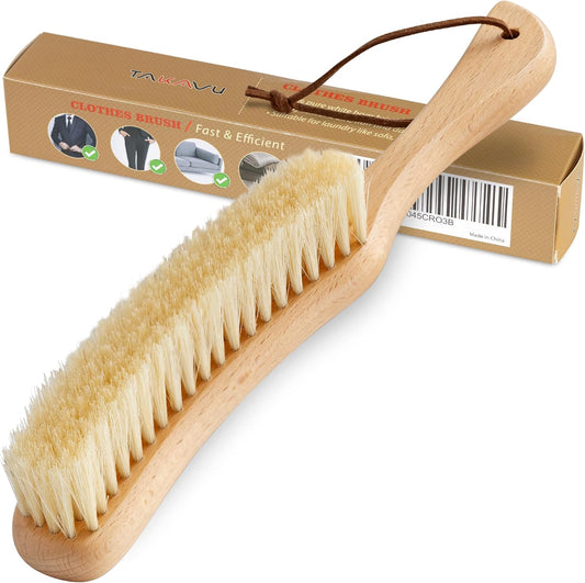 TAKAVU Clothes Brush Hat Brush, White Boar Bristle Lint Brush with Large Beech Wood Handle