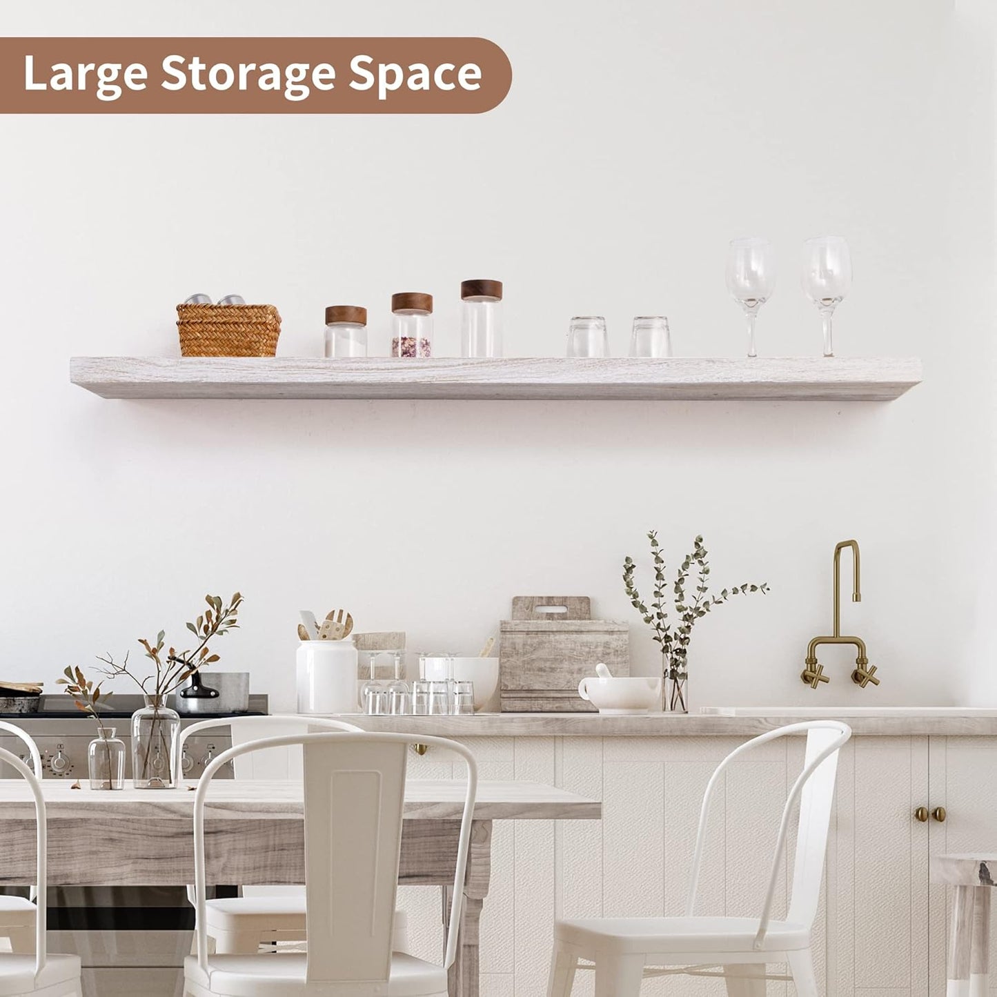 Axeman Floating Shelves for Wall, Rustic Elm Wood 48''W x 8" D Wall Shelf with Invisible Bracket, Large Long Wall Mounted Storage Shelves for Living Room, Bedroom, Kitchen, Bathroom Decor, White Wash