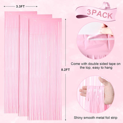 3 Pack 3.3 x 8.2 ft Pasel Pink Foil Fringe Backdrop Curtains, Tinsel Streamers Birthday Party Decorations, Fringe Backdrop for Graduation, Baby Shower, Gender Reveal, Disco Party