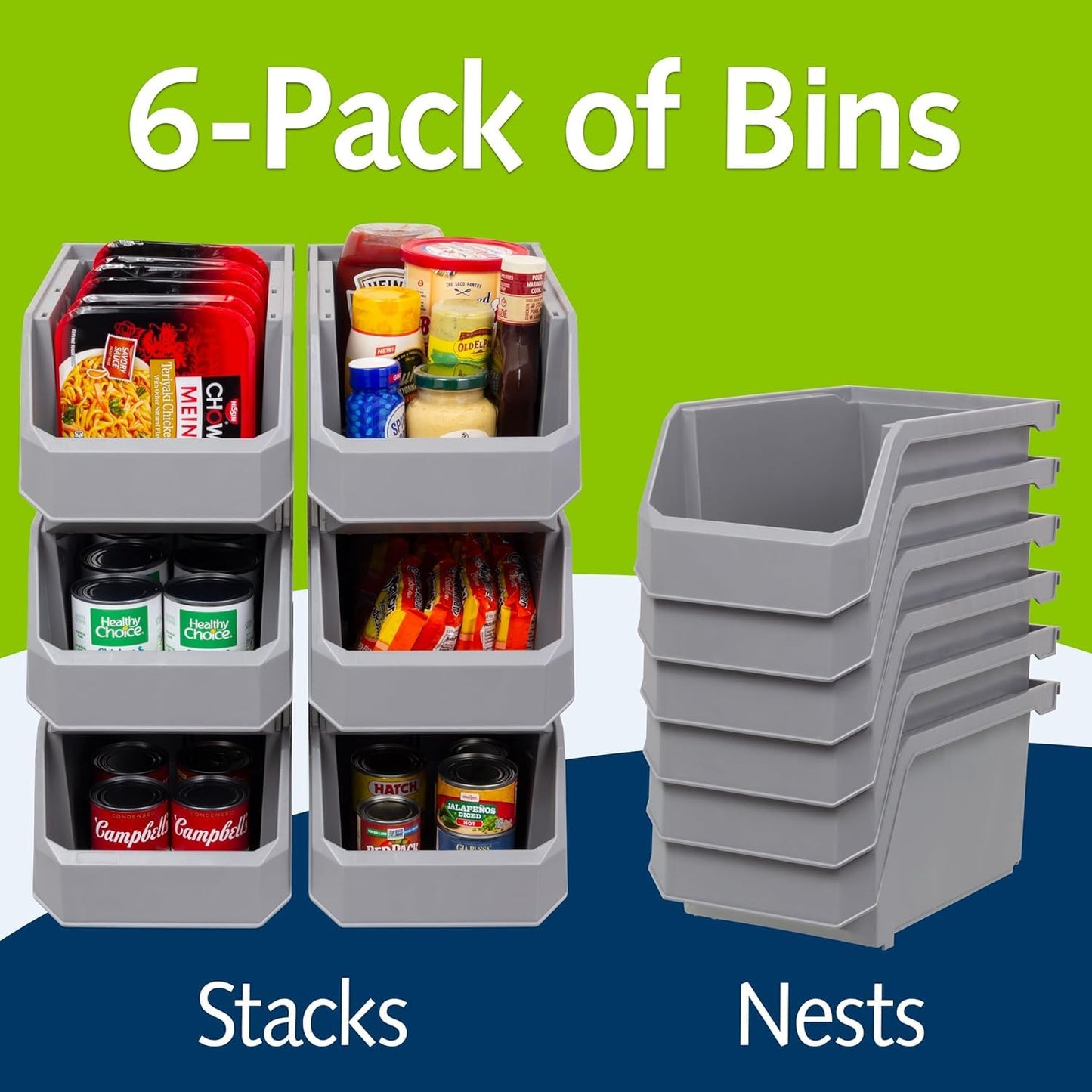 ReadySpace Large Stackable Plastic Storage Bins, 6-Pack, Blue