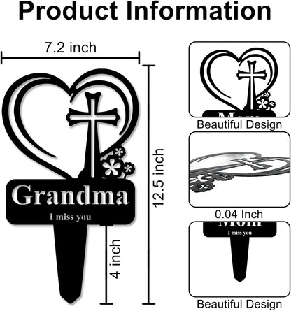 Grandma Memorial Grave Stake, Cemetery Decorations for Grave Markers 12.5 x 7.2 inch Heart Metal Sympathy Stakes Graveside Plaque Decor Sign for Grandma Graves, Yard, Garden - Black-Grandma