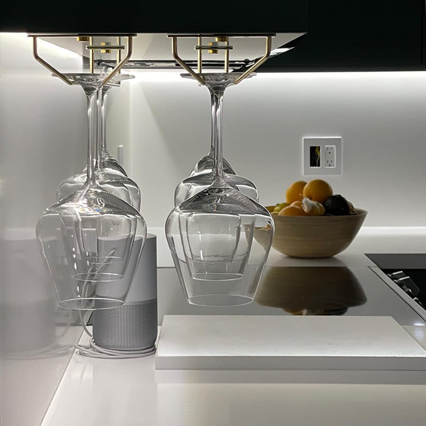 14-Inch Gold Wine Glass Rack, Under Cabinet Wine Glass Holder Stainless Steel Stemware Rack - Hanging Stemware Holder for Cabinet Kitchen Bar, Set of 4